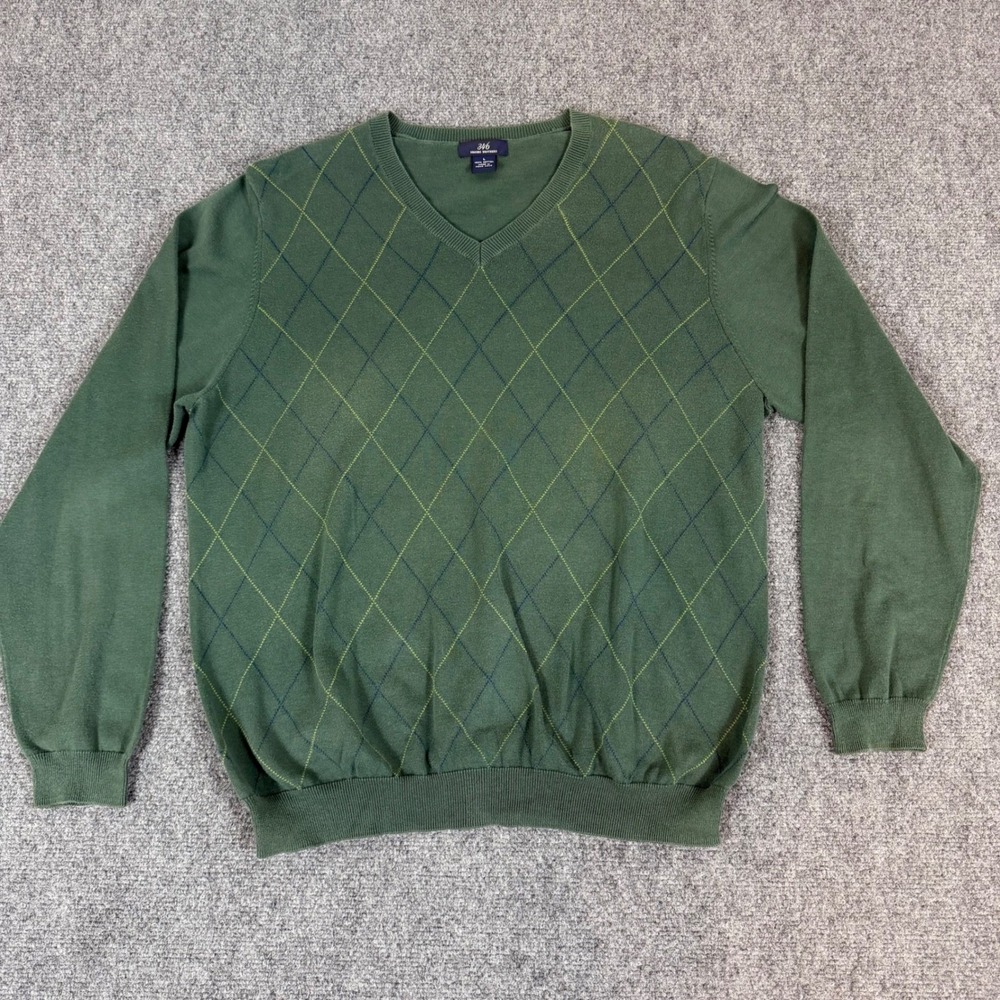Brooks Brothers 346 Mens Green Argyle V-Neck Cotton Knit Sweater Large L